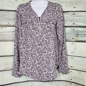 Maurices Women’s Navy Floral Zip Front Blouse Top Long Sleeve S